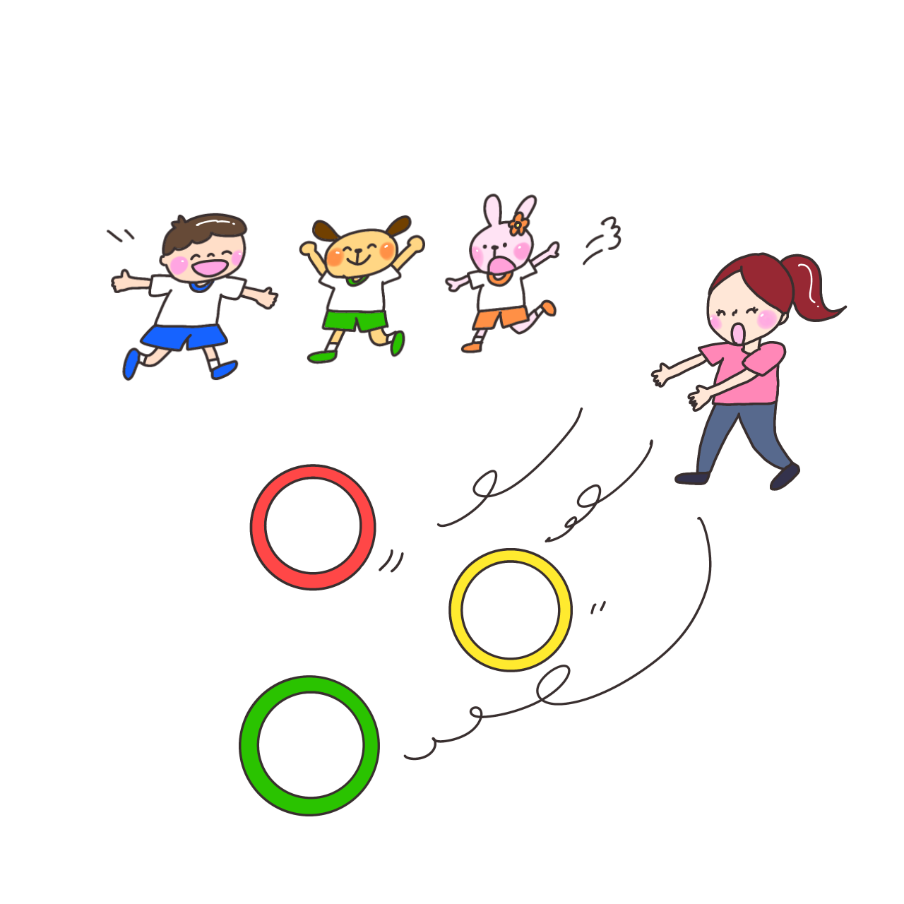 先生がフープを転がし、子どもたちが取りに行く様子