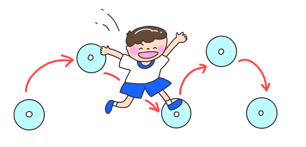 フラットマーカーの上を飛び移って進む子ども